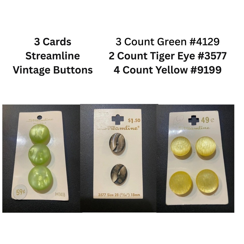 Vintage Streamline Buttons Lot 3 Cards Green Tiger Eye Yellow Retro Sewing Craft